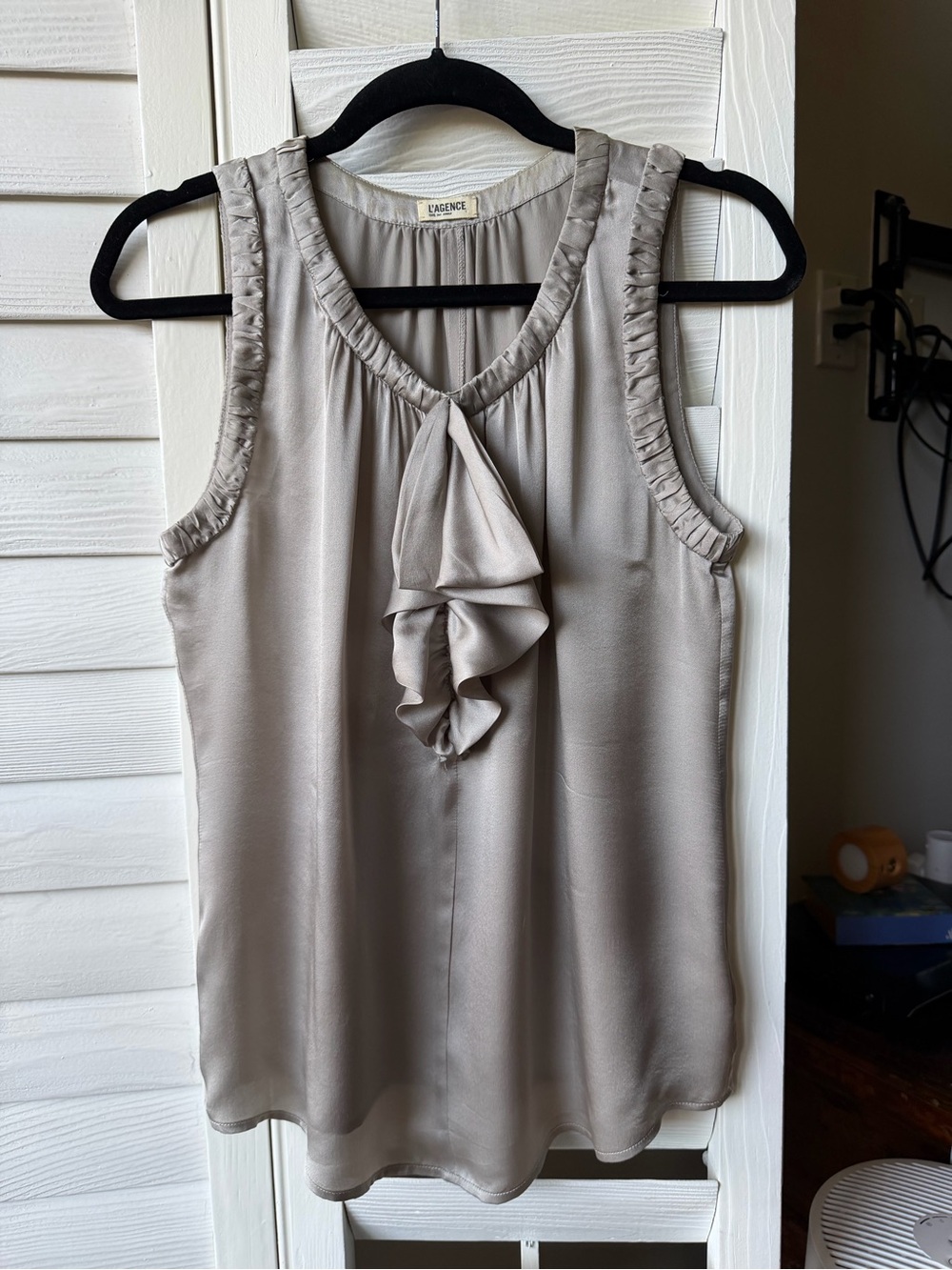 L'AGENCE Taupe Silk  Ruffle-Front Sleeveless Blouse